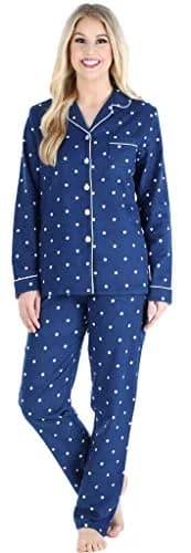 PajamaMania Women's Cotton Flannel Pajama Set, Navy Polka Dot, Medium | Relaxed Fit, Warm & Soft for Indian Nights thumbnail 1