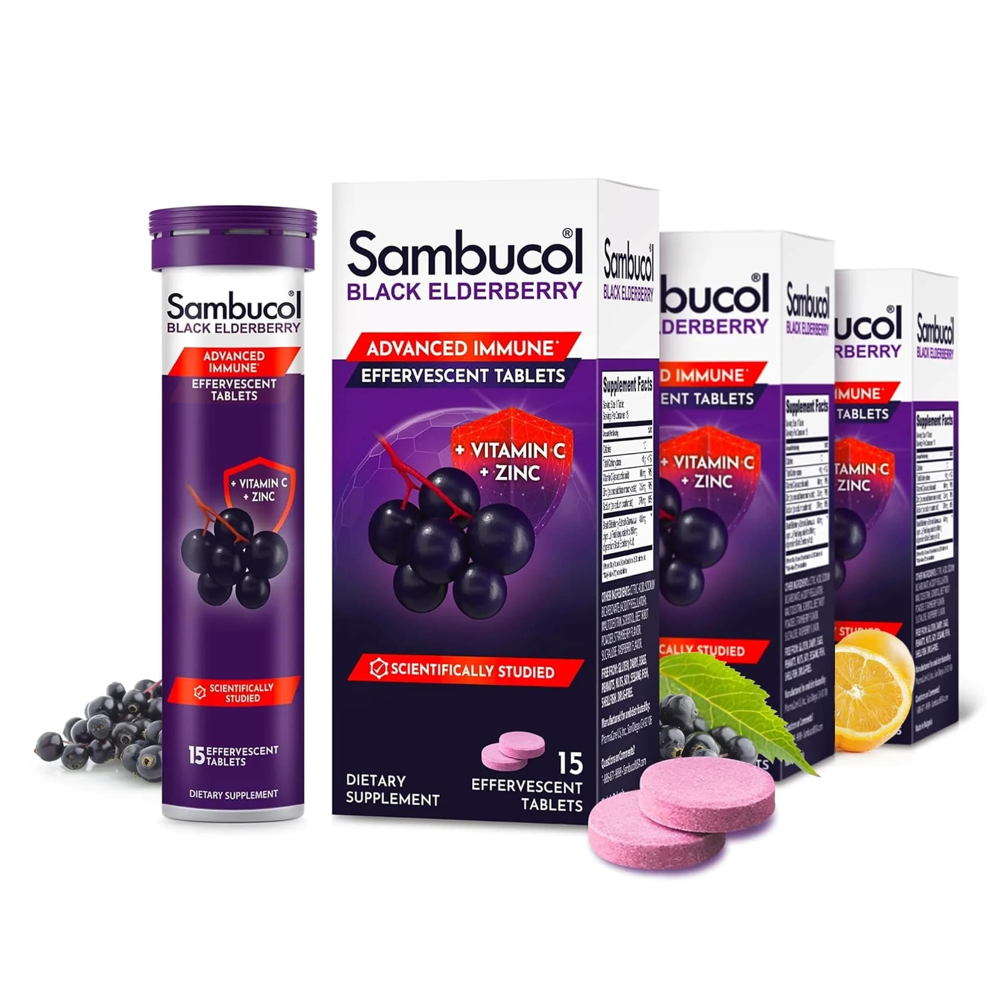 Sambucol Black Elderberry Effervescent Tablets 45 Count (15 Count x 3) | Daily Immune Support with Vitamin C & Zinc