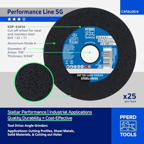 PFERD SG STEELOX Cut-Off Wheel - Type 1, 6" Diameter, 0.045" Thick, 7/8" Arbor, Aluminum Oxide, 10200 RPM | High-Performance Metal Cutter thumbnail 4