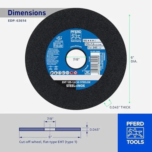 PFERD SG STEELOX Cut-Off Wheel - Type 1, 6" Diameter, 0.045" Thick, 7/8" Arbor, Aluminum Oxide, 10200 RPM | High-Performance Metal Cutter thumbnail 5