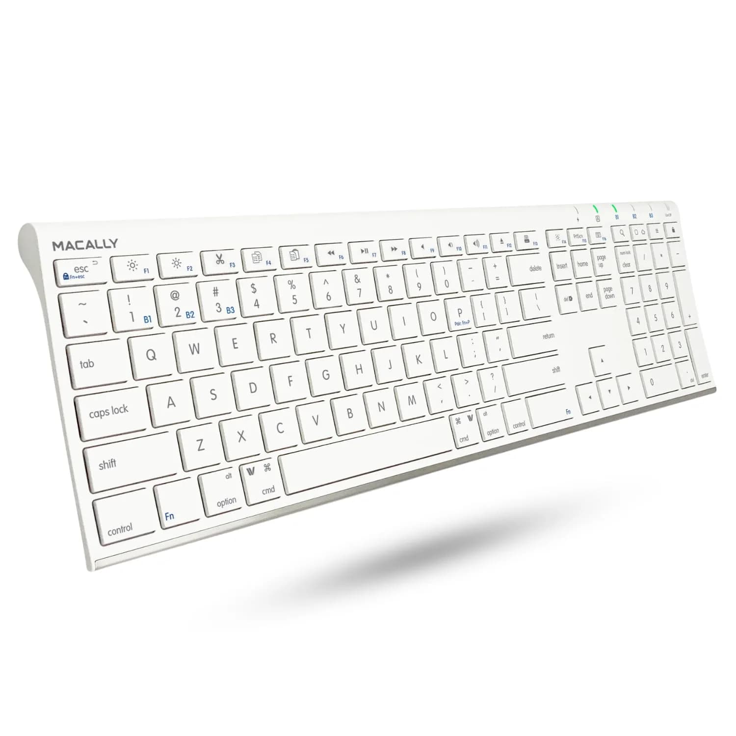 Macally ACEBTKEY Multi-Device Bluetooth Keyboard with Numeric Keypad - 110 Keys, 20 Shortcuts, Rechargeable, White - main product image