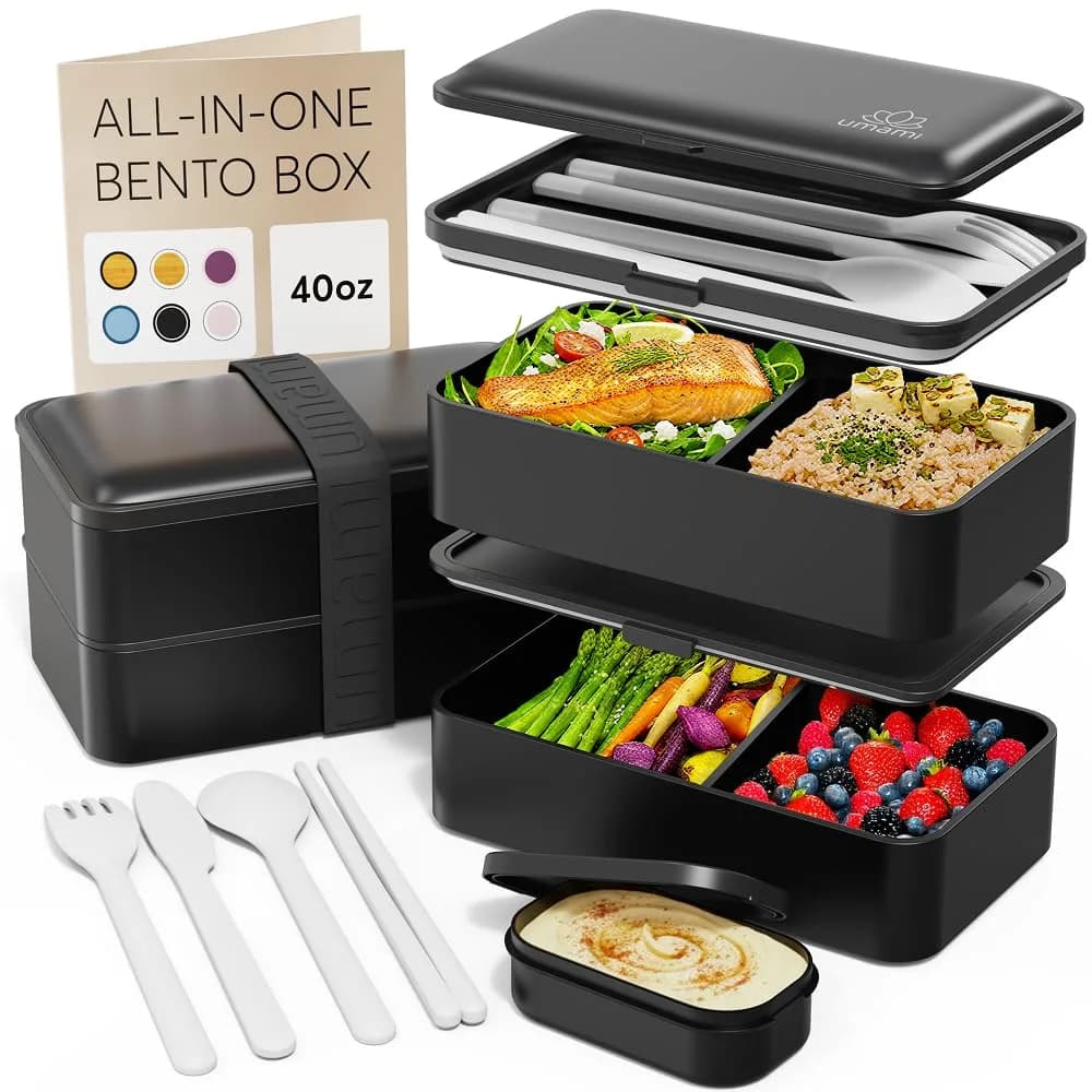 Umami Bento Box Adult, Stackable Lunch Box 1.2L (40 oz) | Leakproof, Microwavable, Dishwasher Safe — Matte Black