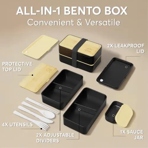 Umami Bento Box Adult All-In-1 Meal Holder 1200ml (40 oz) | Leakproof Lunch Container with Utensils & Sauce Jar thumbnail 3