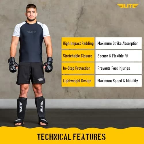 Elite Sports MMA Shin Pads with Instep Guard for Muay Thai & Kickboxing Training, Adult/Youth S/M Black/White thumbnail 6