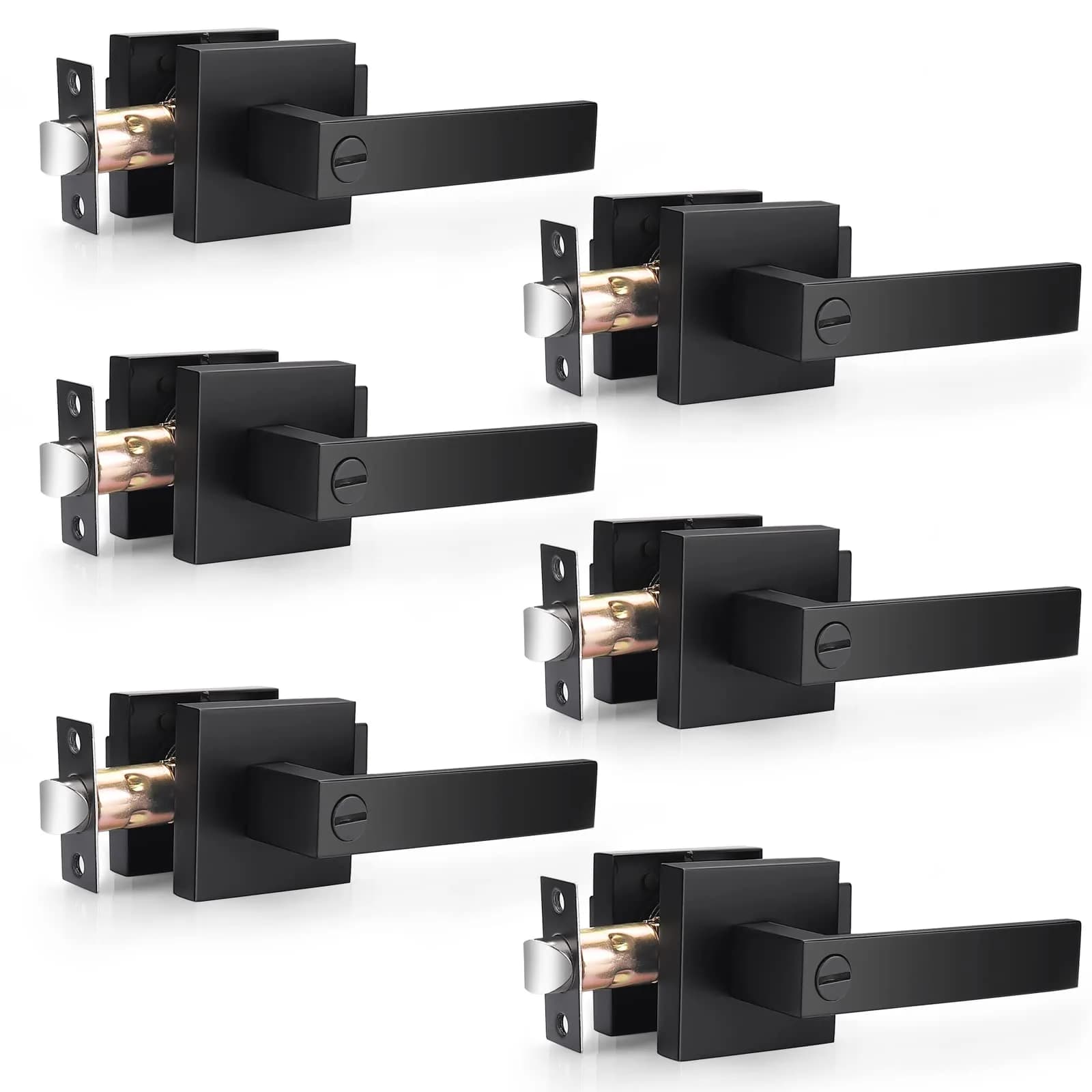Probrico Interior Privacy Door Handles, Matte Black Square Locking Levers for Bedroom/Bathroom, Heavy Duty Zinc Alloy, 6 Pack - main product image
