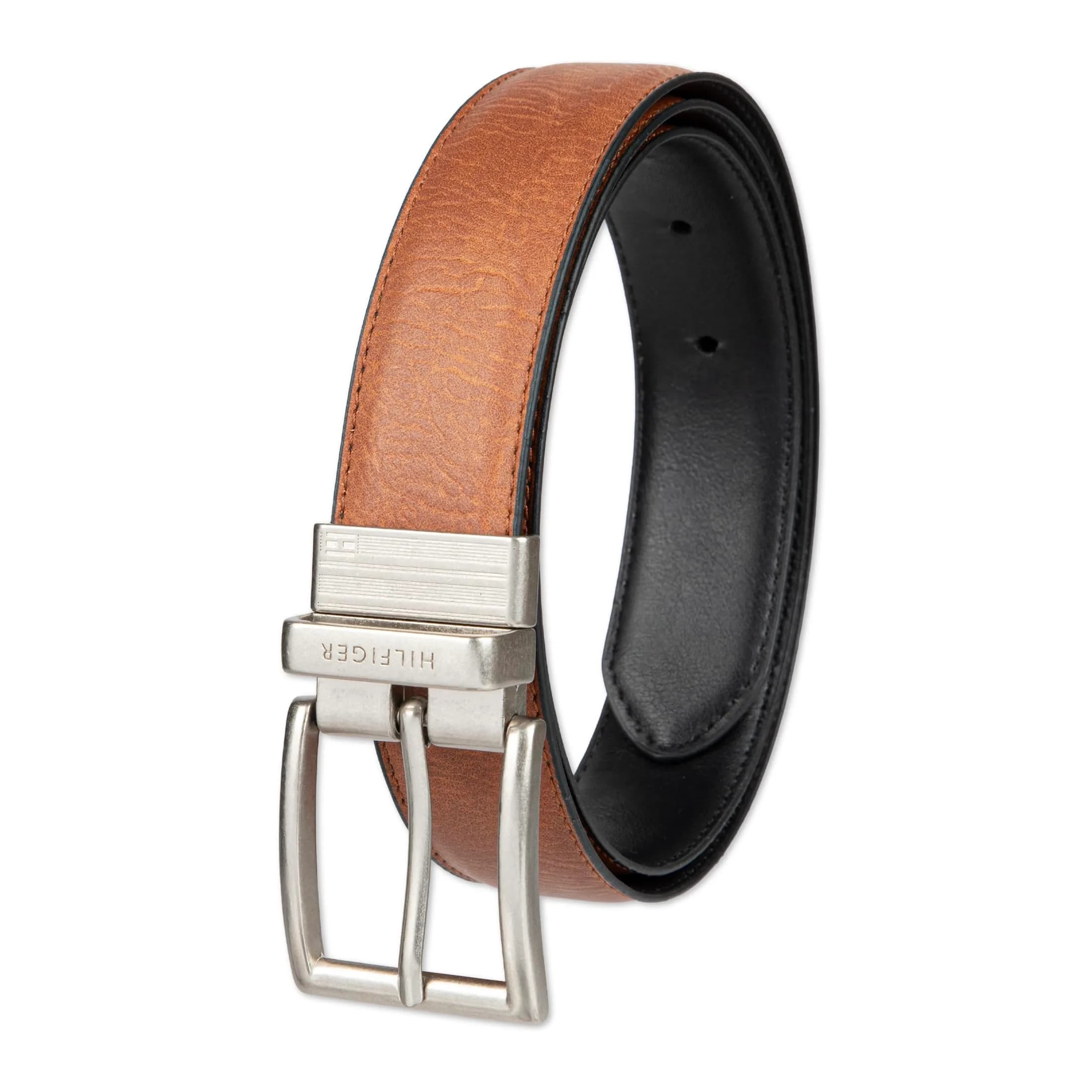 Tommy Hilfiger Men's Reversible Belt - Cognac/Black, Size 32 | 1.25-inch Width, Leather & PU Blend
