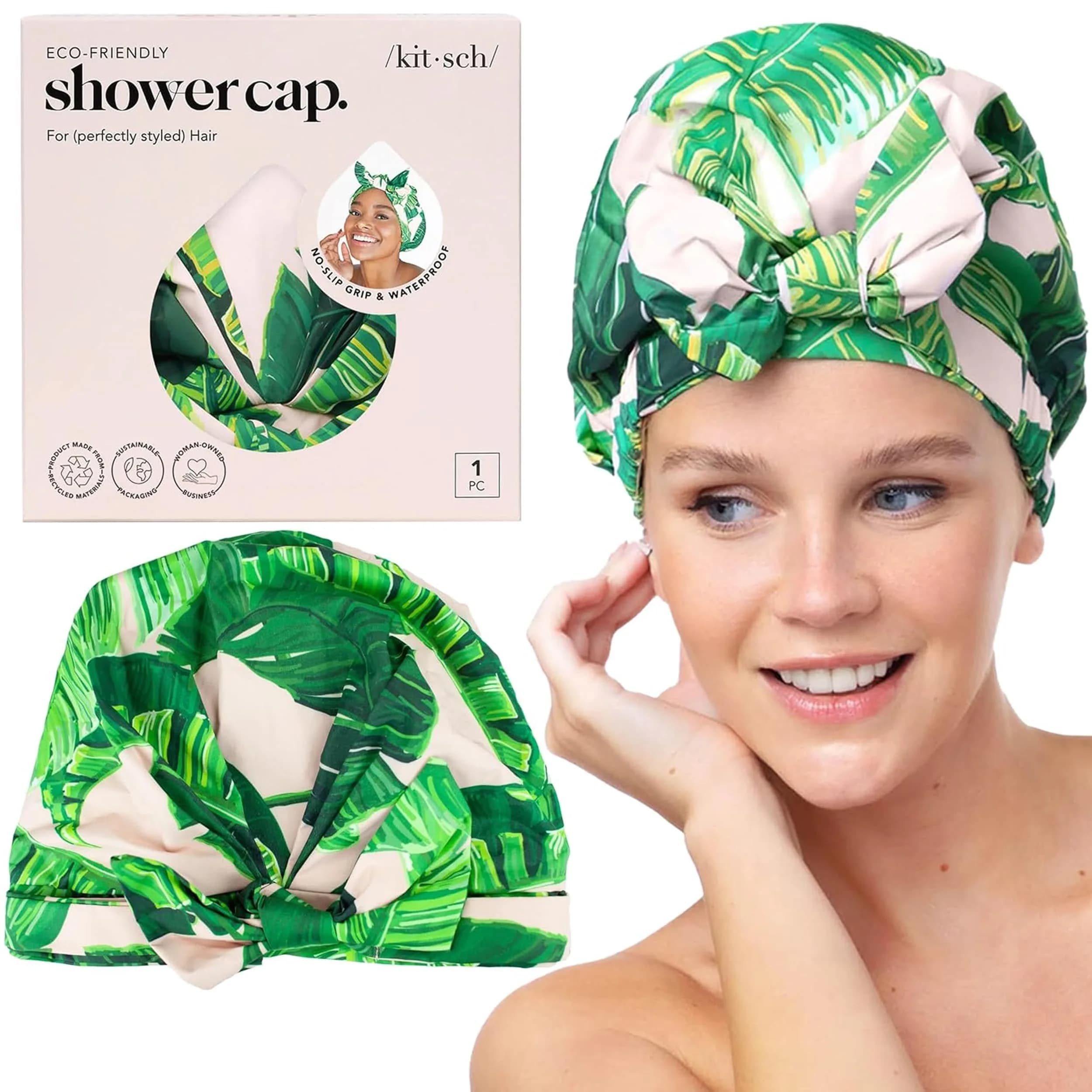 Kitsch Luxury Large Shower Cap for Women - Palm Leaves | Reusable Waterproof Hair Protection