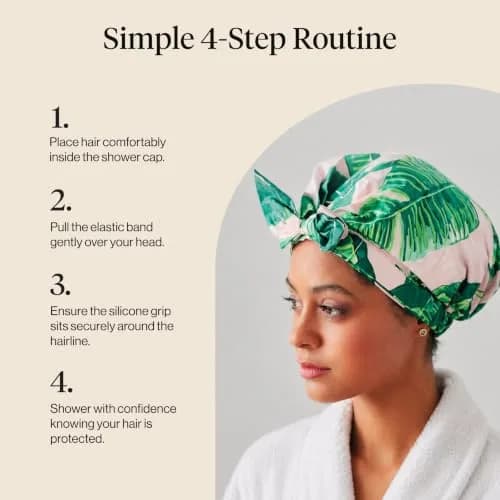 Kitsch Luxury Large Shower Cap for Women - Palm Leaves | Reusable Waterproof Hair Protection thumbnail 7