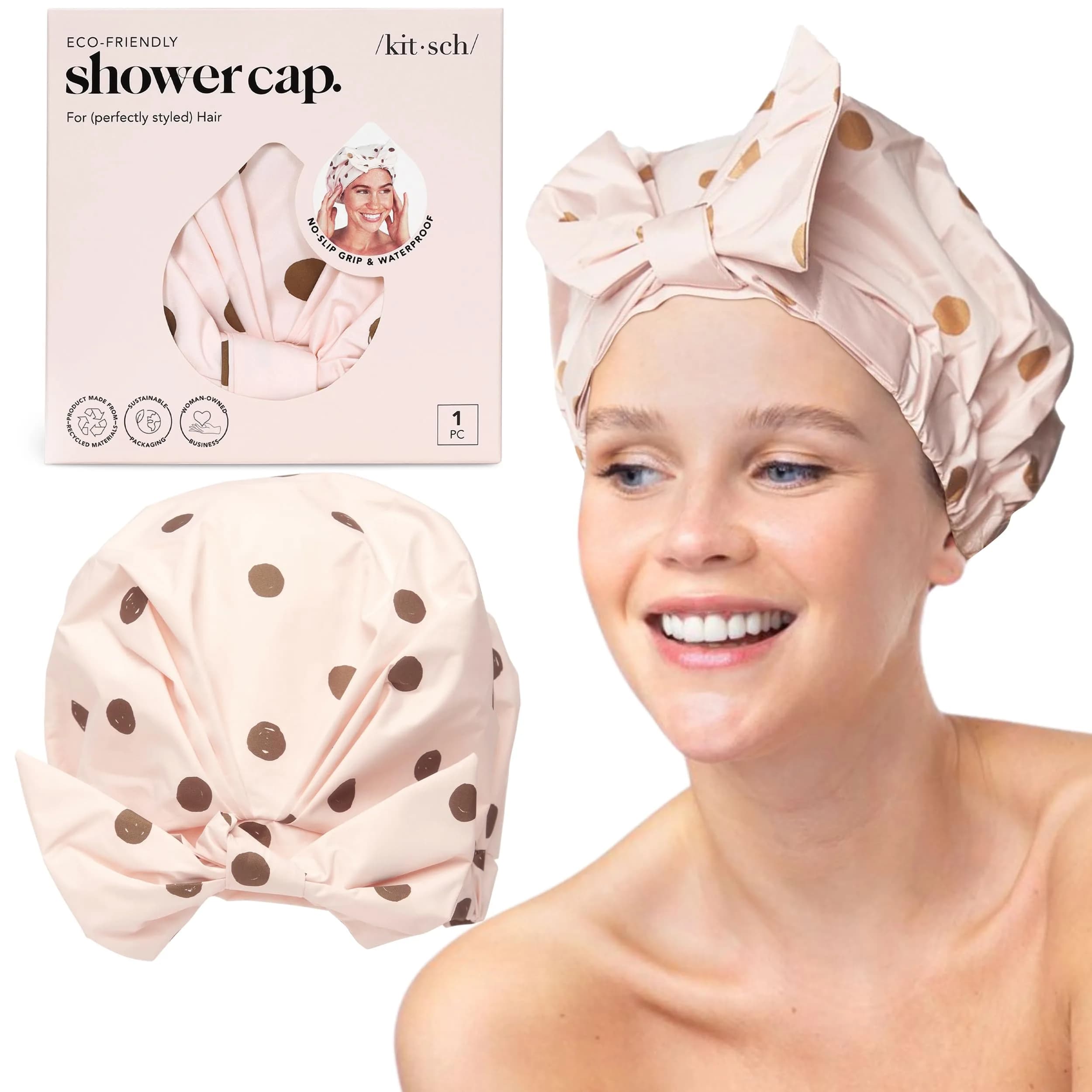 Kitsch Luxury Large Shower Cap for Women - Blush Dot | Waterproof & Reusable Hair Protection