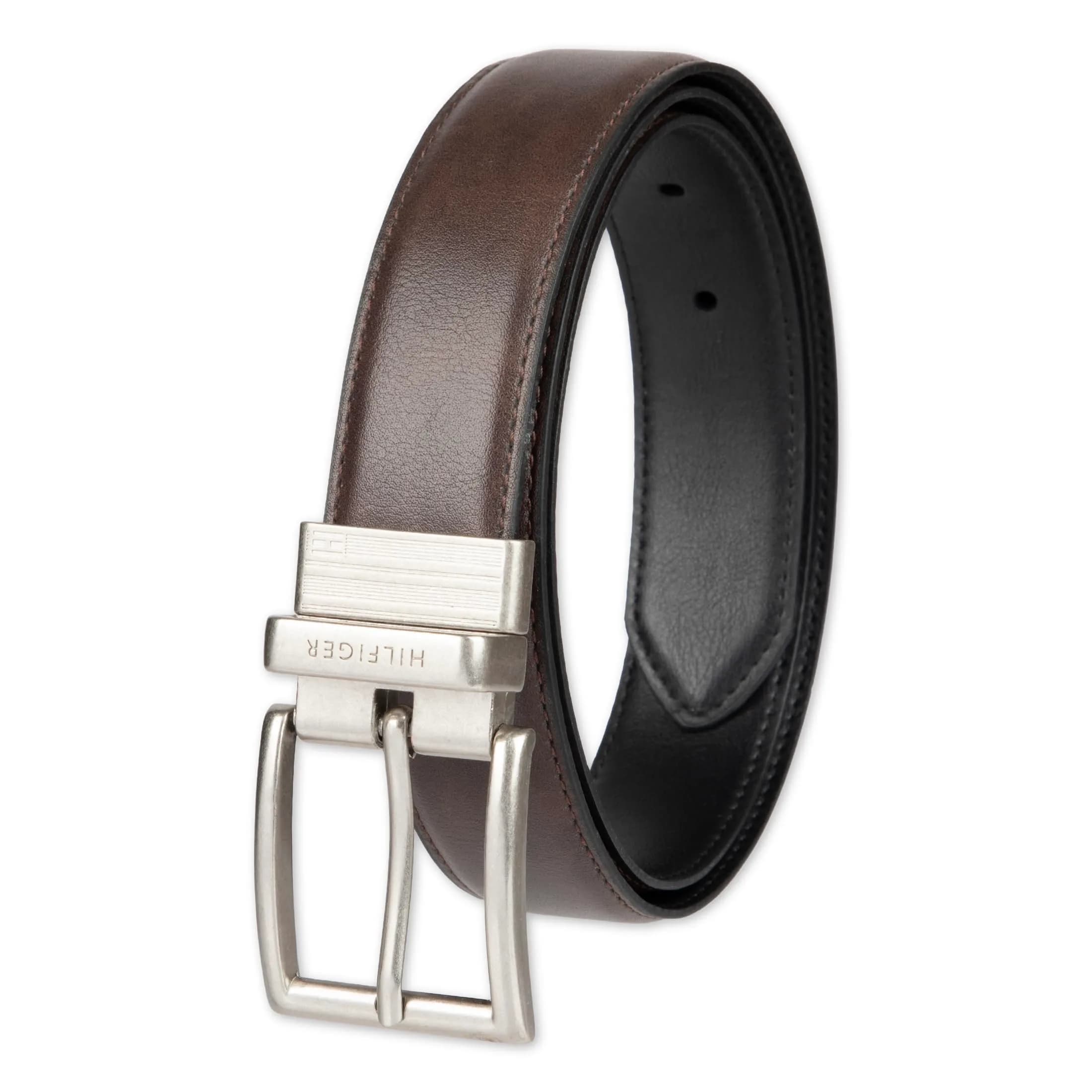 Tommy Hilfiger Men's Reversible Leather & PU Blend Belt, Brown/Black, Size 38, 1.25-inch Width