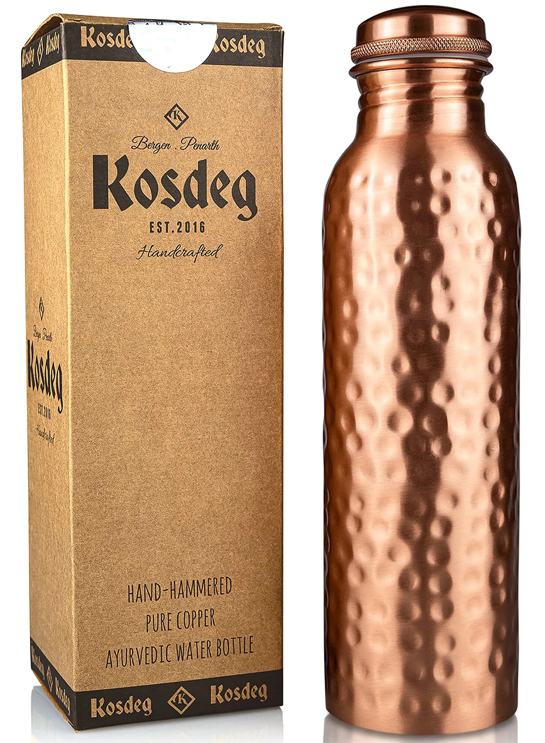 Kosdeg Copper Water Bottle - 34 Oz Extra Large | Pure Copper Ayurvedic Vessel for Drinking