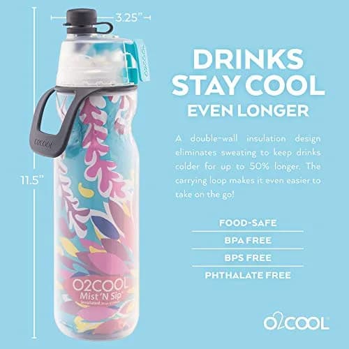O2COOL Mist N Sip 20 oz (591 ml) Misting Sports Water Bottle Tropical | Insulated Double-Wall Design thumbnail 3