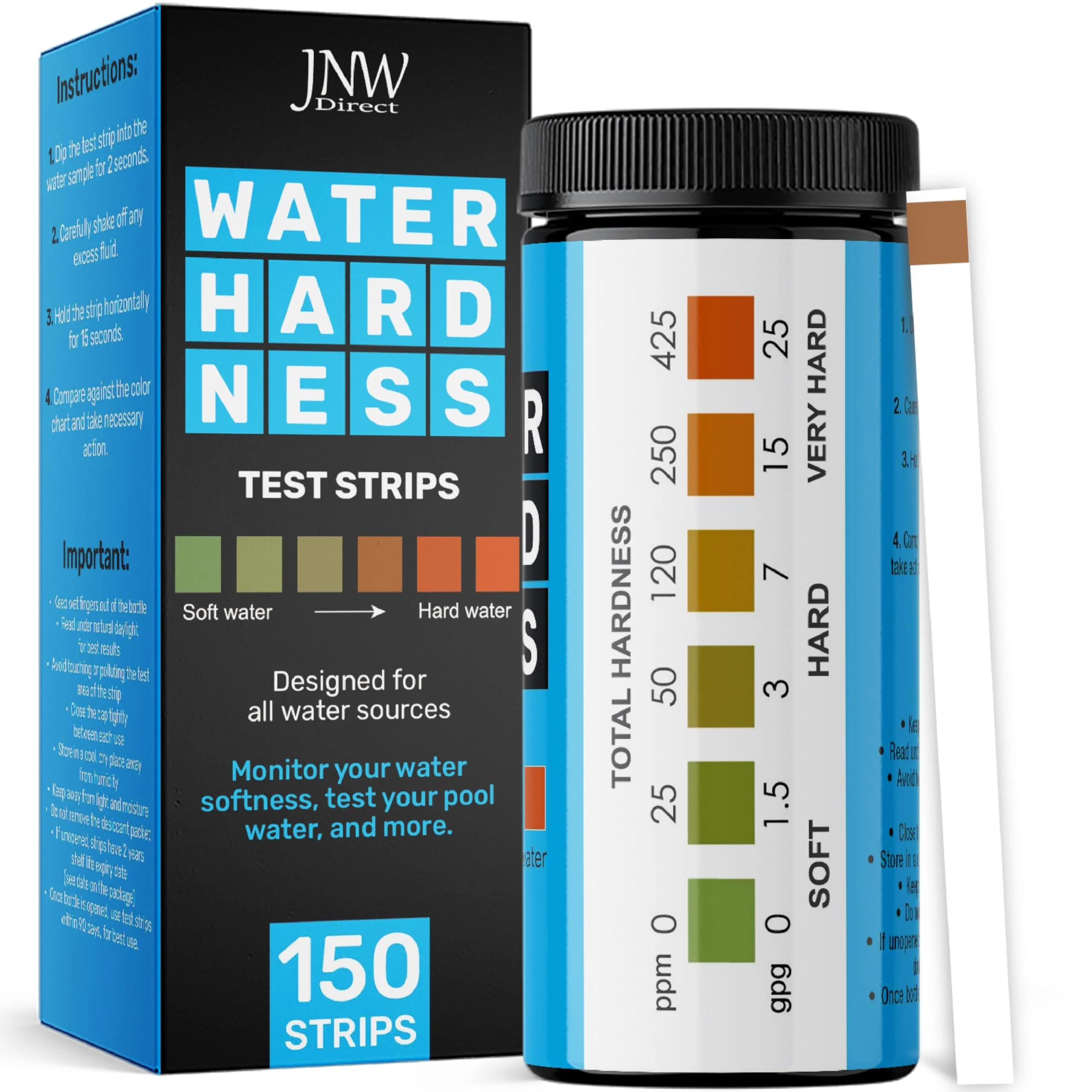JNW Direct Water Hardness Test Strips 150 Count | Test Tap, Well, Softened Water