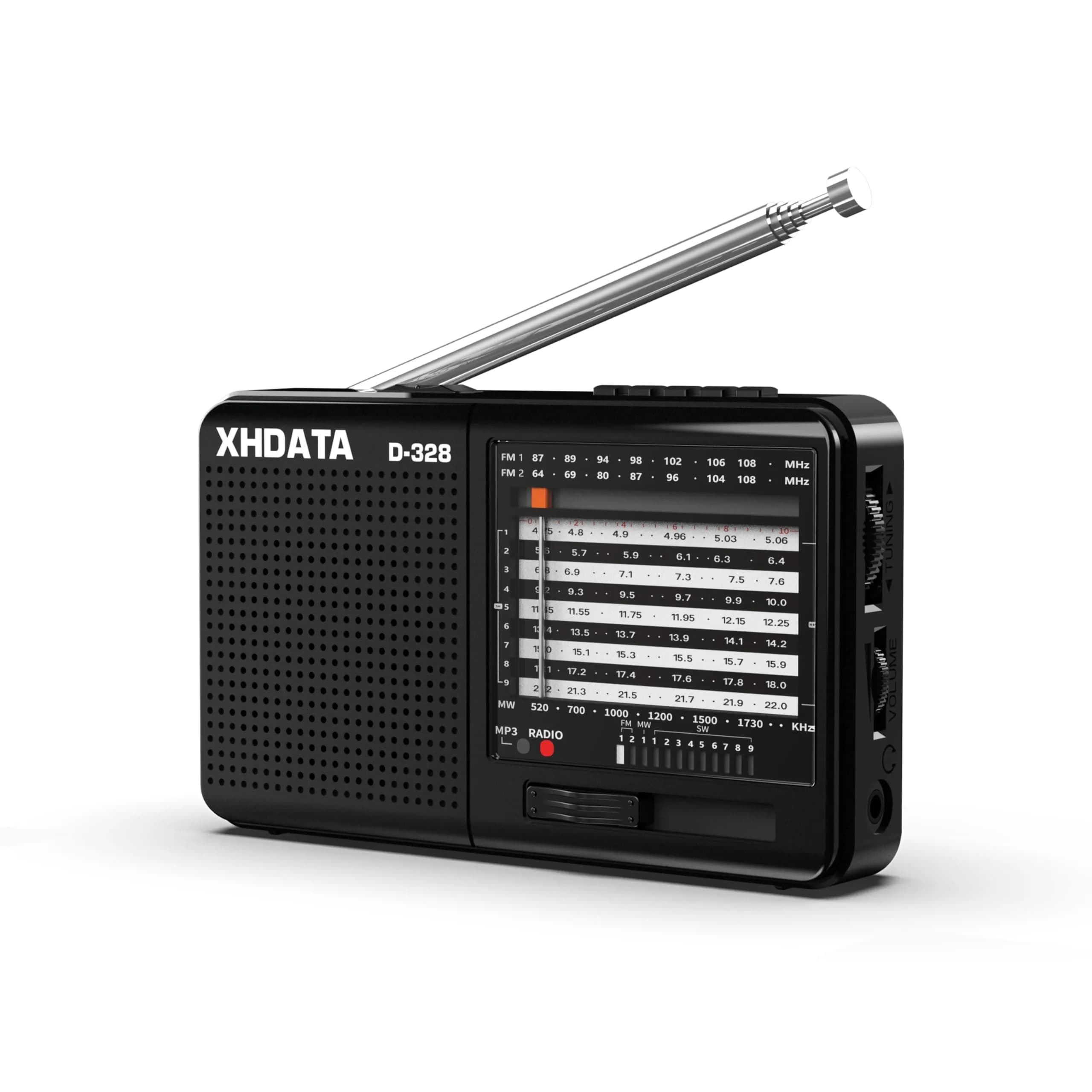 XHDATA D-328 Portable Shortwave Radio | AM FM DSP MP3 Player with Rechargeable Battery & 360° Antenna (Black)