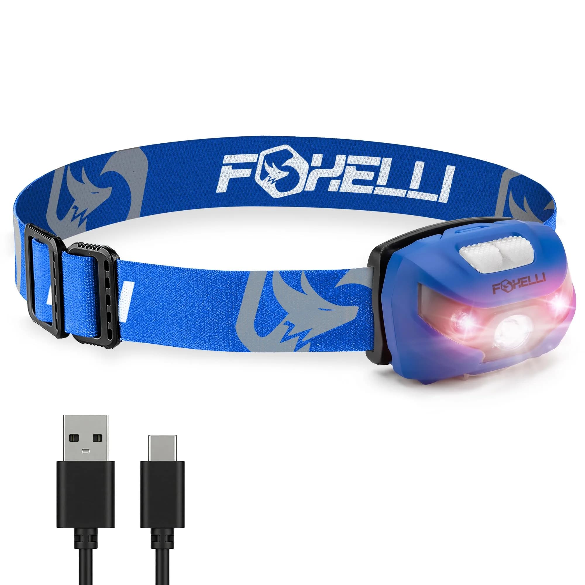Foxelli USB-C Rechargeable LED Headlamp 160 Lumens | Waterproof, Lightweight & Adjustable for Outdoors & Kids — Blue