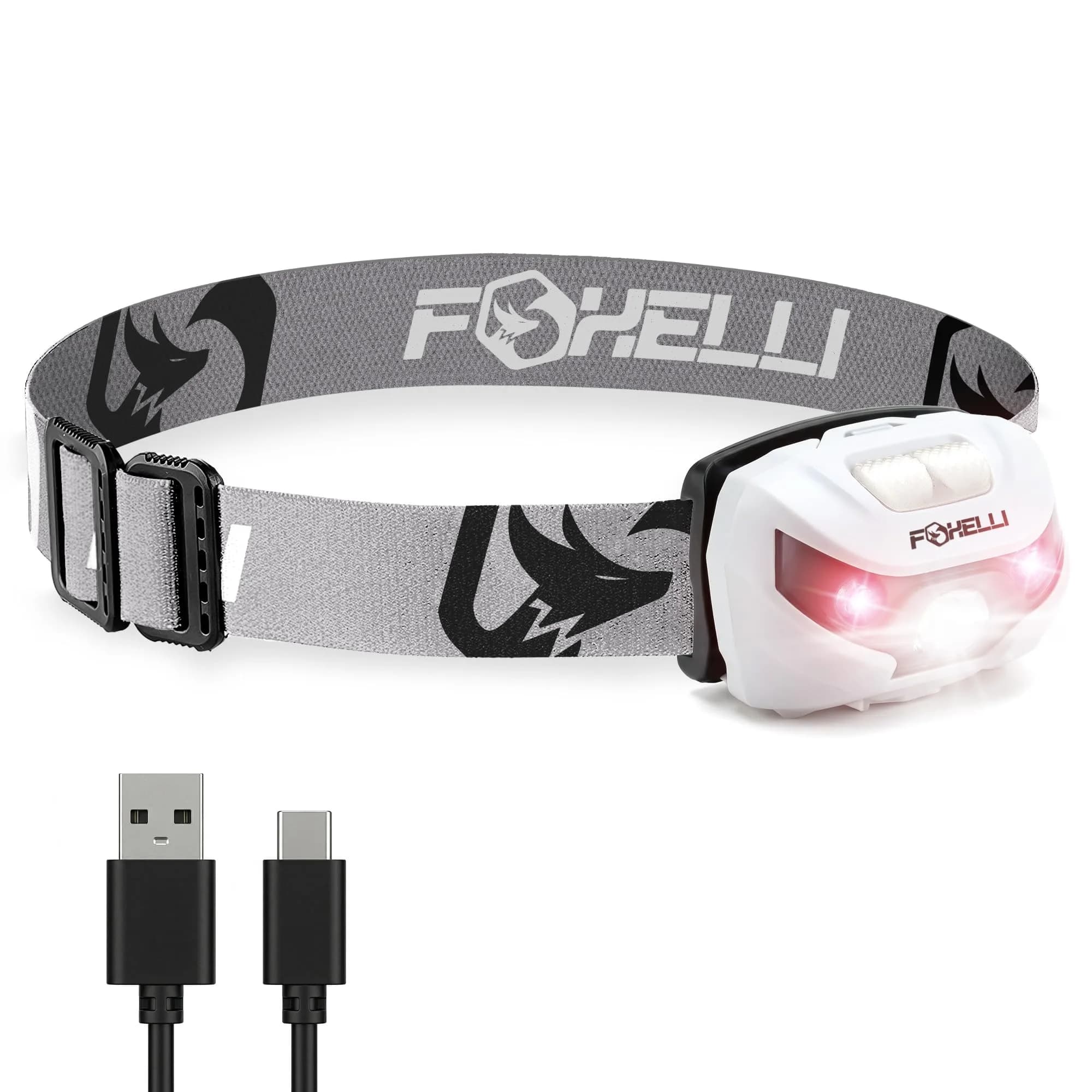 Foxelli USB-C Rechargeable LED Headlamp 160 Lumens | Waterproof, Lightweight & Adjustable for Outdoors & Kids — White