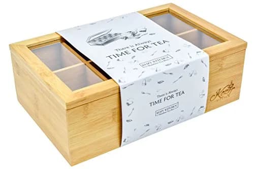 Kozy Kitchen Tea Box Storage Organizer | Large 8-Compartments Bamboo Tea Chest with Clear Hinged Lid, Wooden Finish thumbnail 1