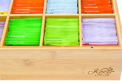 Kozy Kitchen Tea Box Storage Organizer | Large 8-Compartments Bamboo Tea Chest with Clear Hinged Lid, Wooden Finish thumbnail 6