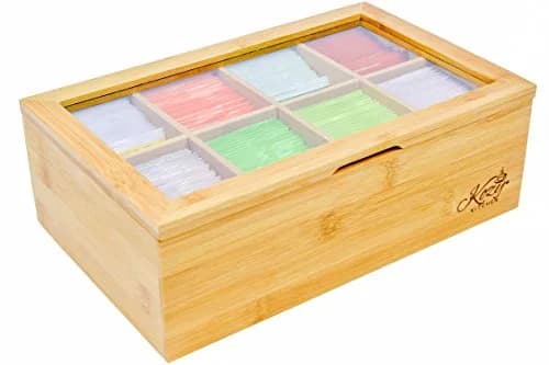 Kozy Kitchen Tea Box Storage Organizer | Large 8-Compartments Bamboo Tea Chest with Clear Hinged Lid, Wooden Finish thumbnail 2