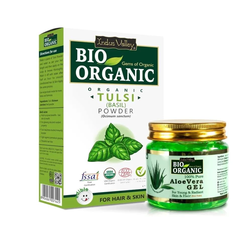 INDUS VALLEY Neem Leaf Powder & Aloe Vera Gel Combo Pack 100g Powder + 175ml Gel | Natural, Organic & Pure — Tulsi & Aloe Vera Combo