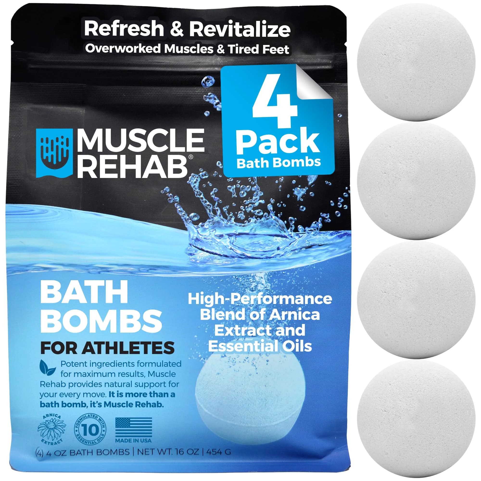 Muscle Rehab Epsom Salt Bath Bombs - Magnesium Recovery Soak 4 Pack | Post-Workout Muscle Relief - main product image