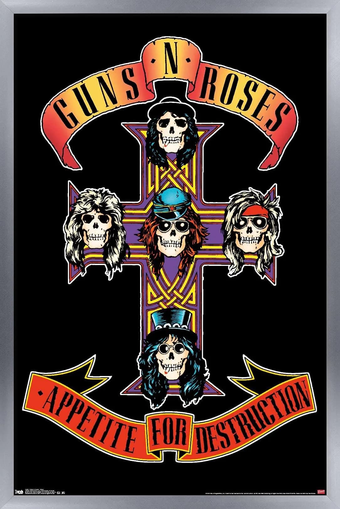 Trends International Guns N' Roses Cross Wall Poster 60.6 cm x 86.4 cm (24.25" x 35.75") Black Framed Version | Music Wall Art — Silver Framed Version / 34"L x 22.4"W