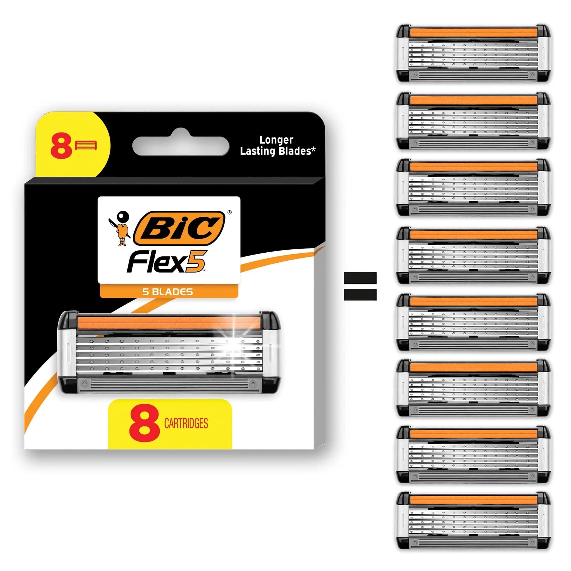 BIC Flex 5 Men's Refillable 5-Blade Razor with 7 Cartridges & Edging Blade | 91 Shaves Total — Black/White/Orange