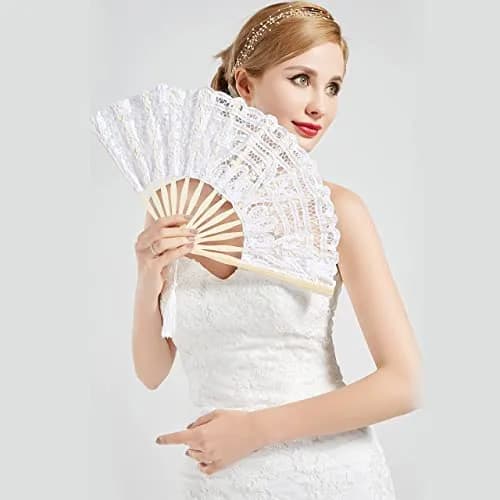 BABEYOND Cotton Lace Folding Hand Fan, Bamboo Wedding Dance Party Decor | Elegant, Handcrafted, Lightweight thumbnail 3