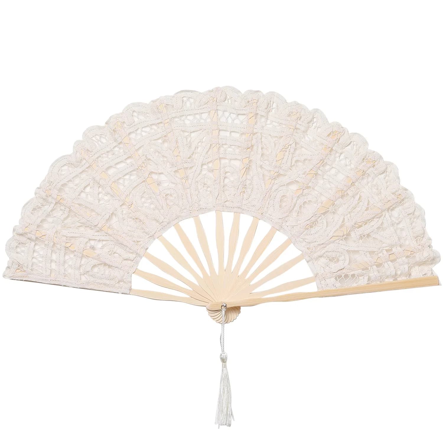 BABEYOND Cotton Lace Folding Hand Fan with Bamboo Frame & Tassel, 26cm Closed | Elegant Bridal Accessory for Weddings & Parties - main product image
