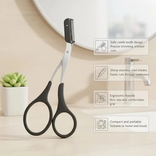 ericotry Professional Eyebrow Trimmer Scissors with Comb & Non-Slip Grips, Black/Silver Tone | Precision Grooming Tool thumbnail 7