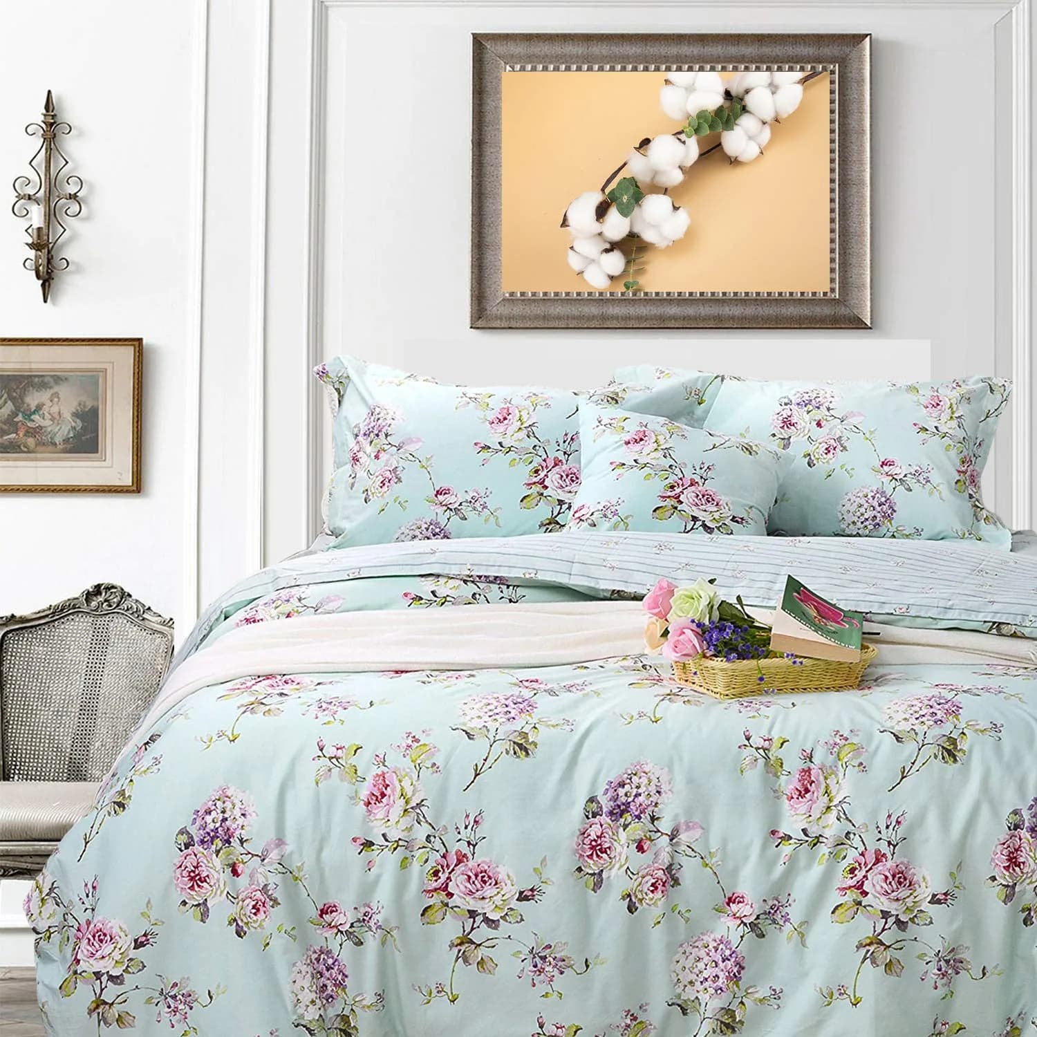 FADFAY Cotton Duvet Cover Set Full Size Blue Floral Bedding Set | Super Soft Purple Hydrangea Flower Print