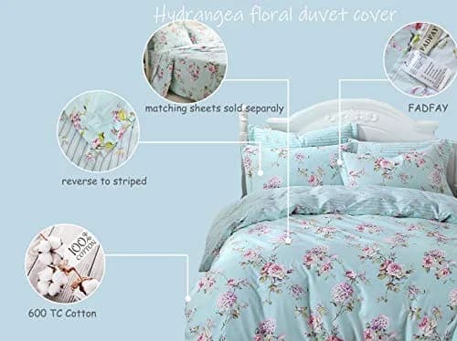 FADFAY Cotton Duvet Cover Set Full Size Blue Floral Bedding Set | Super Soft Purple Hydrangea Flower Print thumbnail 2