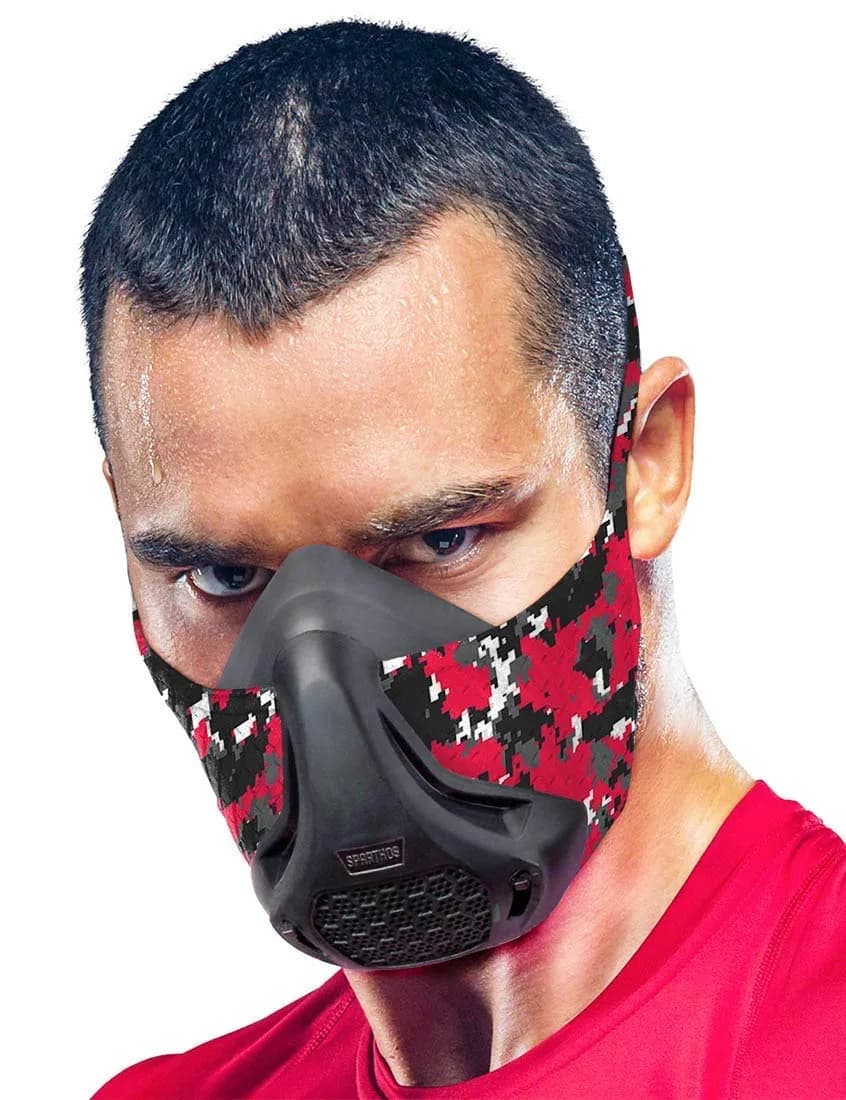 Sparthos High Altitude Training Mask, Running Breathing Mask - Midnight Black | 16 Breathing Levels — Red Camo