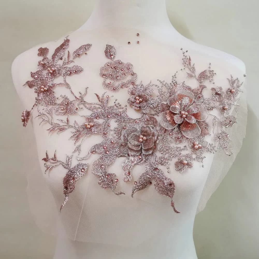 FEEPOP 3D Embroidered Flower Applique Patch 35cm x 28cm (13.8x11 inch) | Golden Lace Fabric DIY Decoration