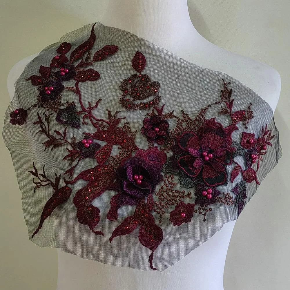 FEEPOP 3D Embroidered Patches Nail Bead Tulle Applique Flower Patch 35cm x 28cm | Wedding Dress Lace Fabric