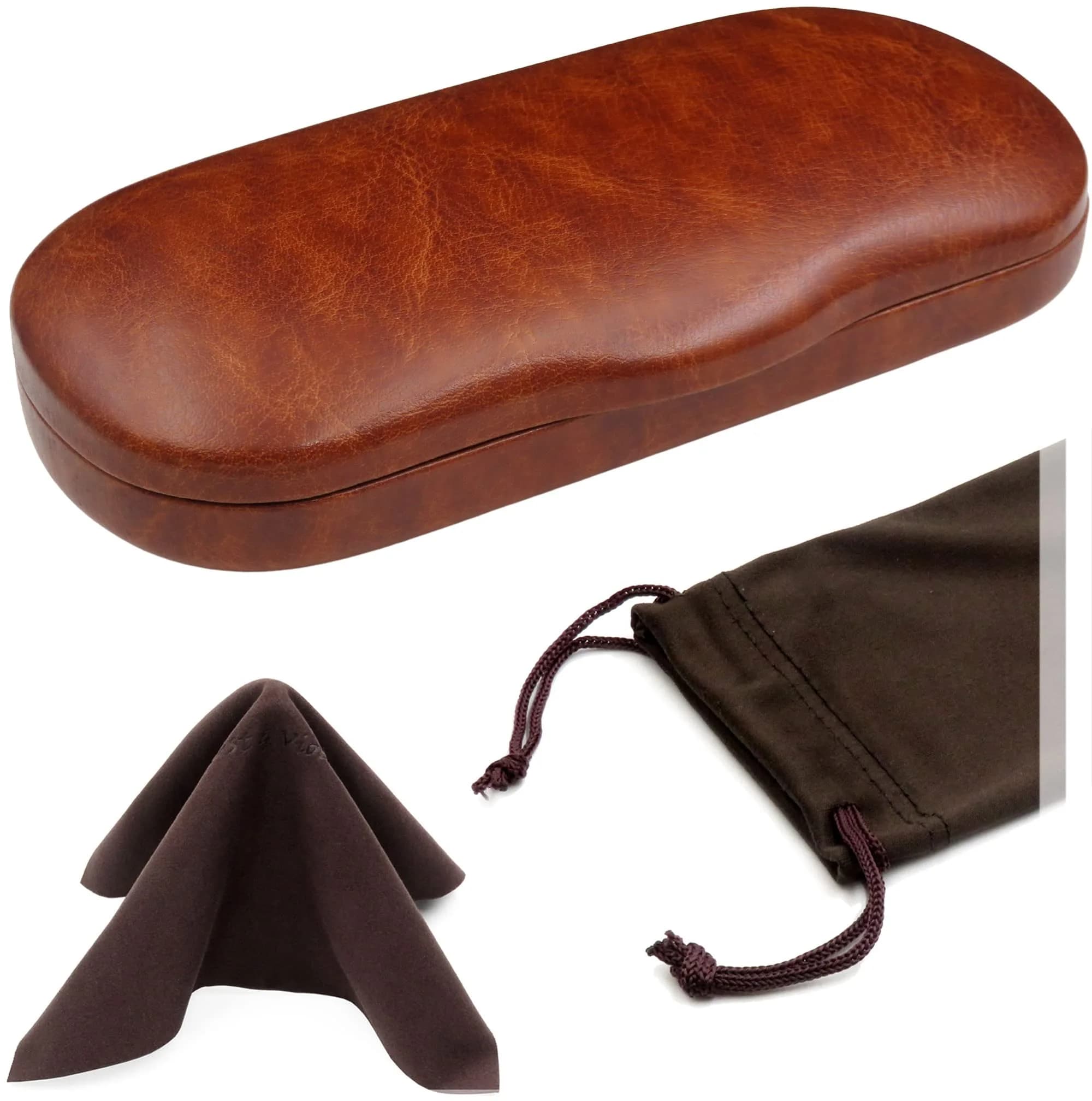 MyEyeglassCase Small to Medium Frame Hard Eyeglass Case | Microfiber Cloth & Pouch — As196 Brown