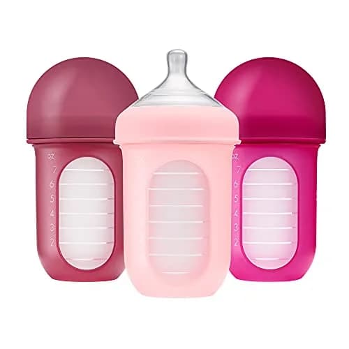 Boon Nursh Silicone Baby Bottles - Pink - 237ml (8 Oz) - 3 Count | Air-Free Feeding Reduces Colic Symptoms thumbnail 1