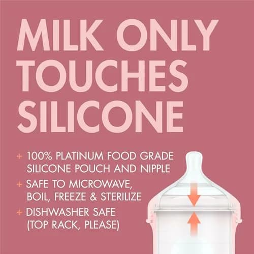 Boon Nursh Silicone Baby Bottles - Pink - 237ml (8 Oz) - 3 Count | Air-Free Feeding Reduces Colic Symptoms thumbnail 4
