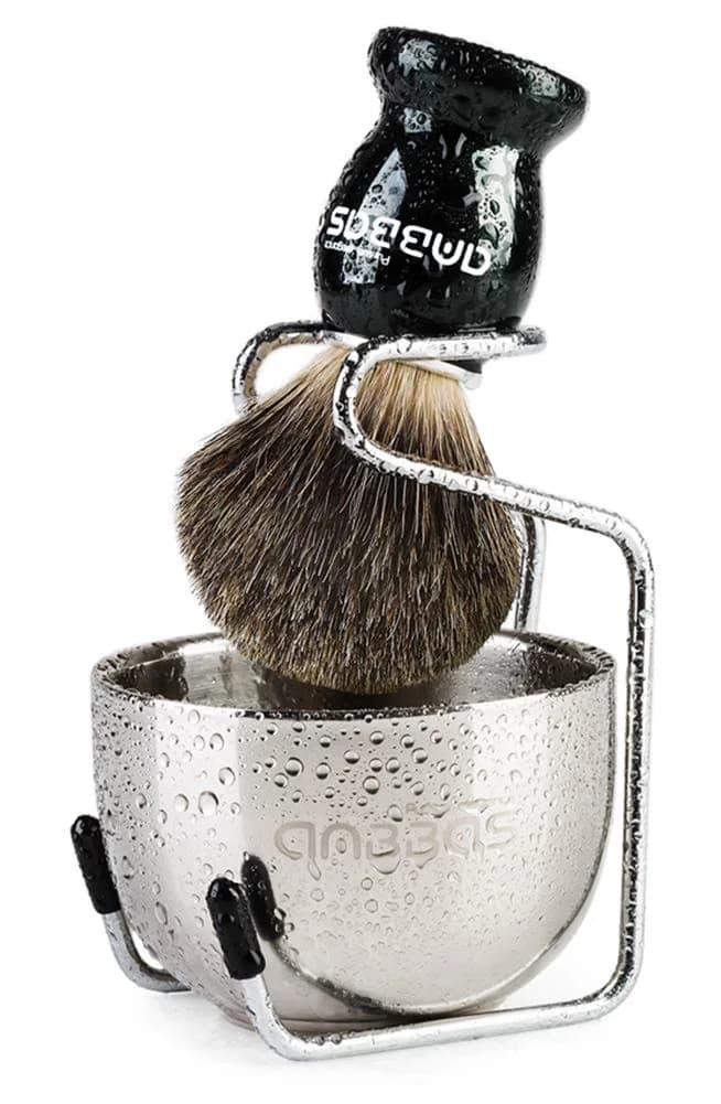 Anbbas Pure Badger Shaving Brush with Wood Handle, Stainless Steel Stand & Bowl | 4-Piece Set