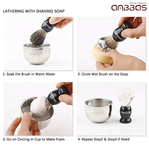 Anbbas Pure Badger Shaving Brush with Wood Handle, Stainless Steel Stand & Bowl | 4-Piece Set thumbnail 4