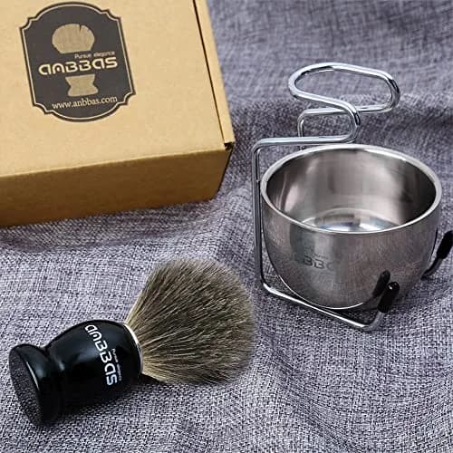 Anbbas Pure Badger Shaving Brush with Wood Handle, Stainless Steel Stand & Bowl | 4-Piece Set thumbnail 5