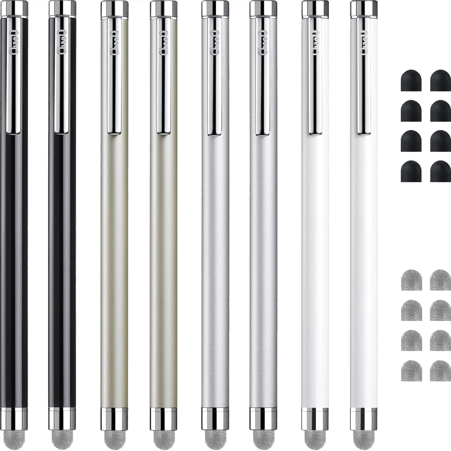 ChaoQ Stylus Pen for Touchscreen, 8 Pcs with 16 Replaceable Tips | Universal Compatibility — Silver, Black, White, Champagne