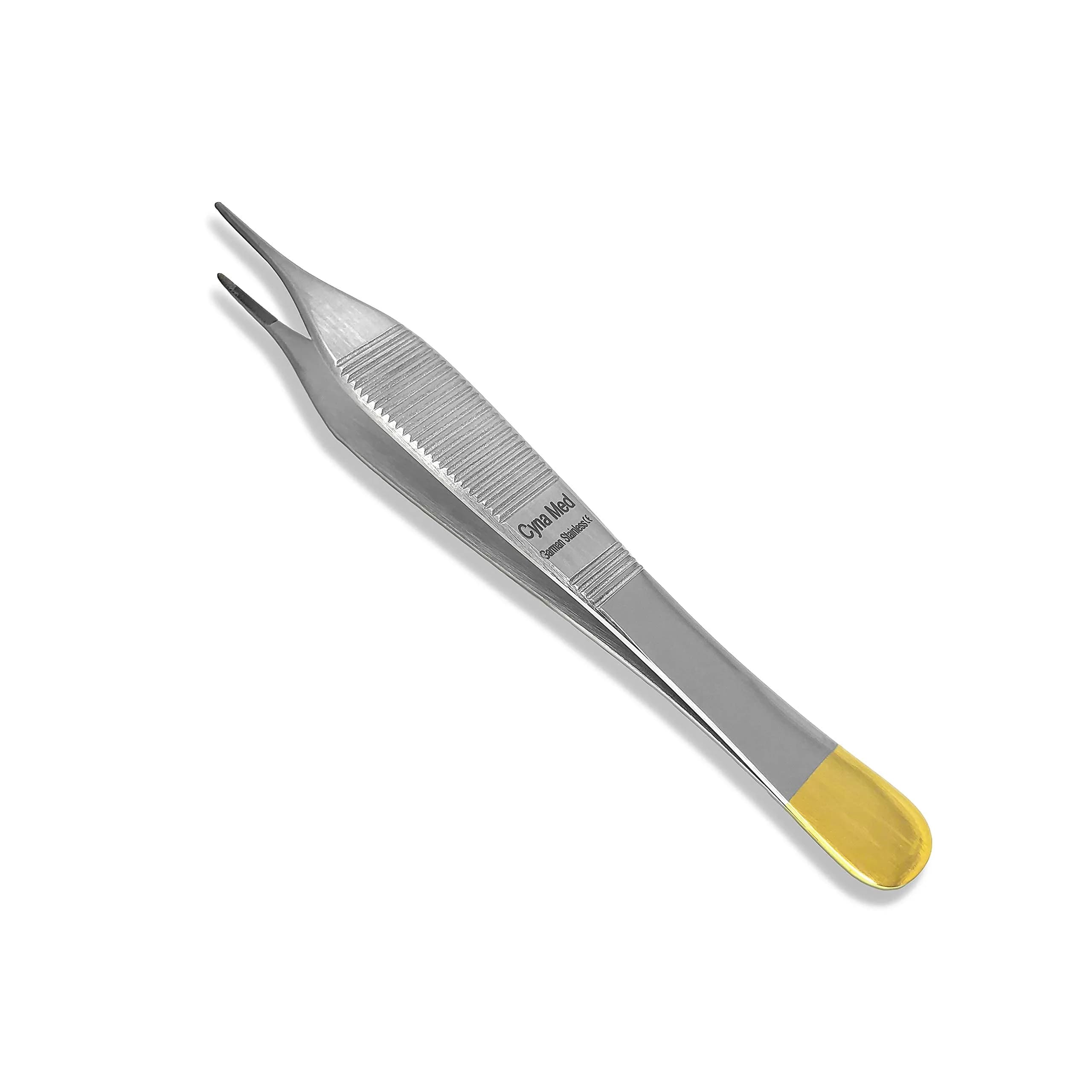 Cynamed Adson Plastic Surgery Forceps 4.75" Straight Fine Point | Tungsten Carbide Inserts with Gold Handle — Silver