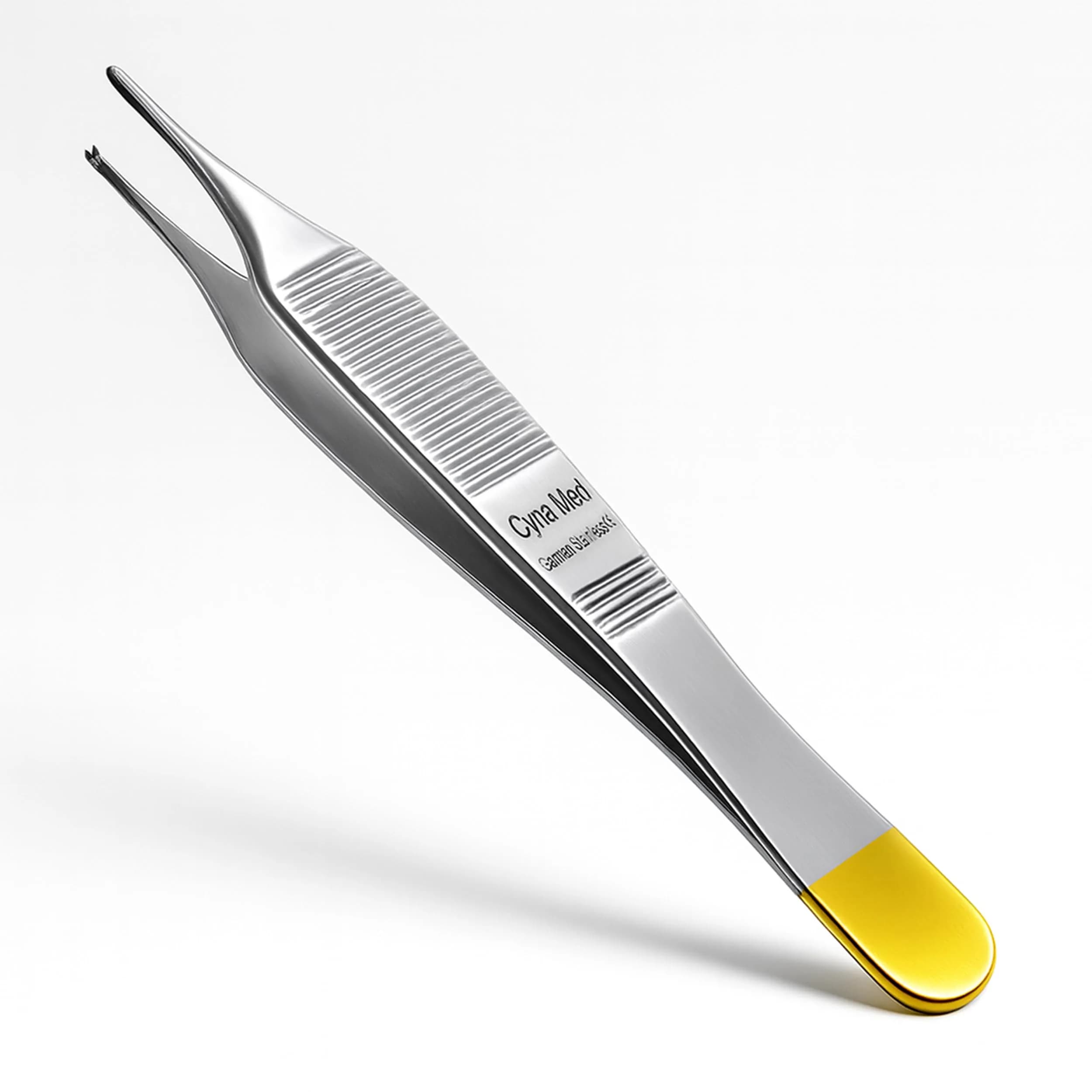 Cynamed Adson Plastic Surgery Forceps 4.75" Straight Fine Point | Tungsten Carbide Inserts with Gold Handle - main product image