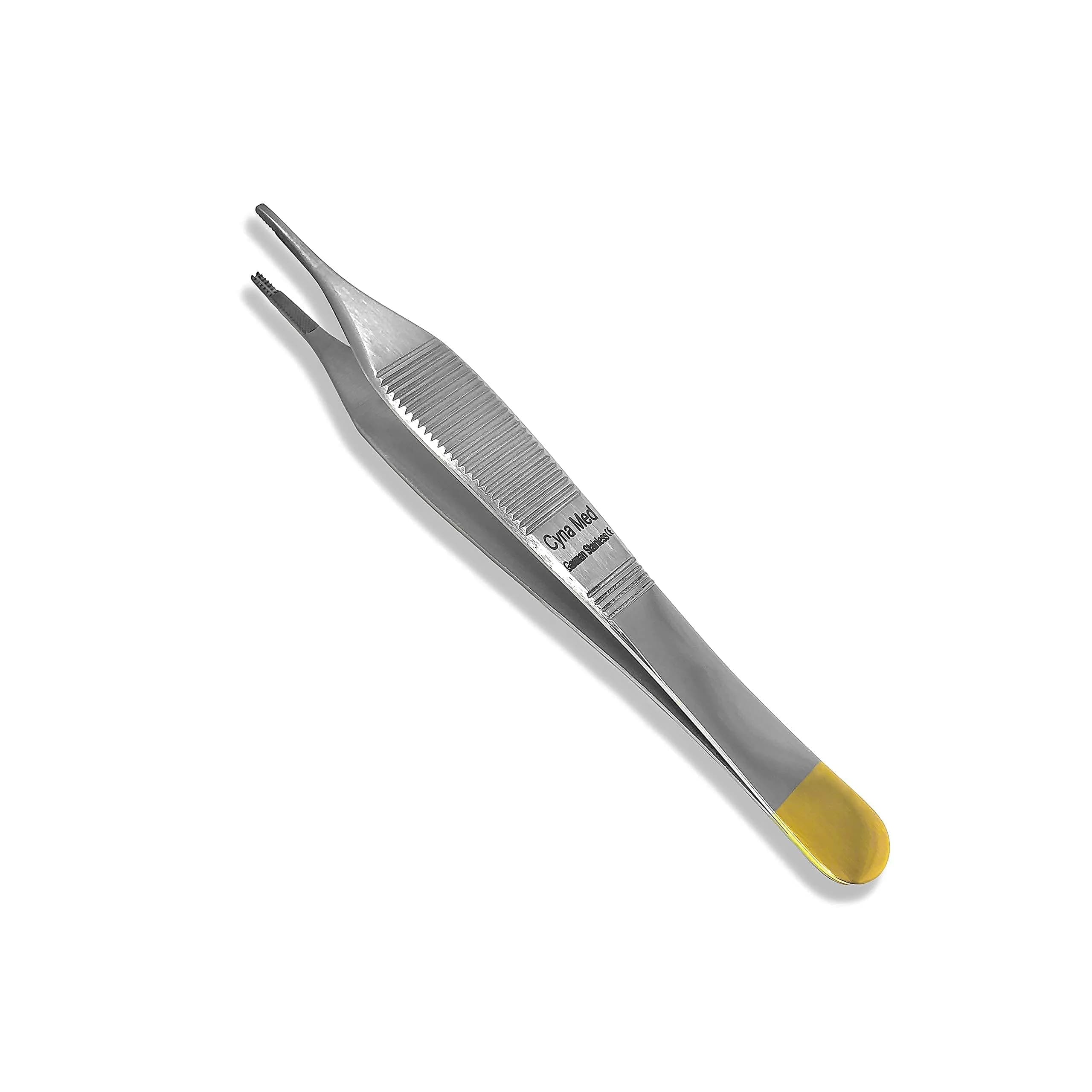 Cynamed Adson Plastic Surgery Forceps 4.75" Straight Fine Point | Tungsten Carbide Inserts with Gold Handle — 9x9 Teeth / Adson Brown Forceps, TC