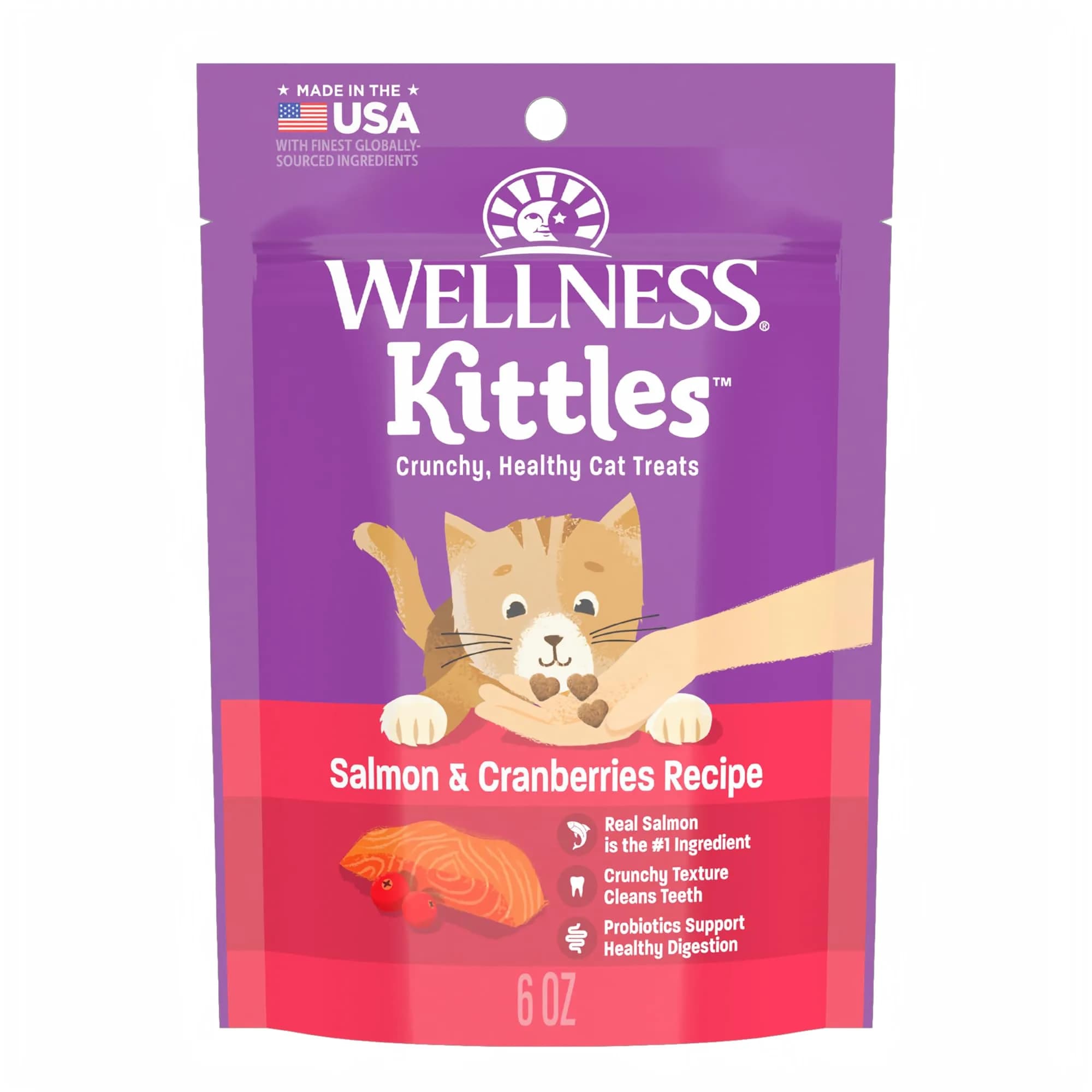 Wellness Kittles Crunchy Cat Treats, Chicken & Cranberry Flavor, 2 oz Bag | Grain-Free Dental Care for All Lifestages — Salmon / 6 Ounce