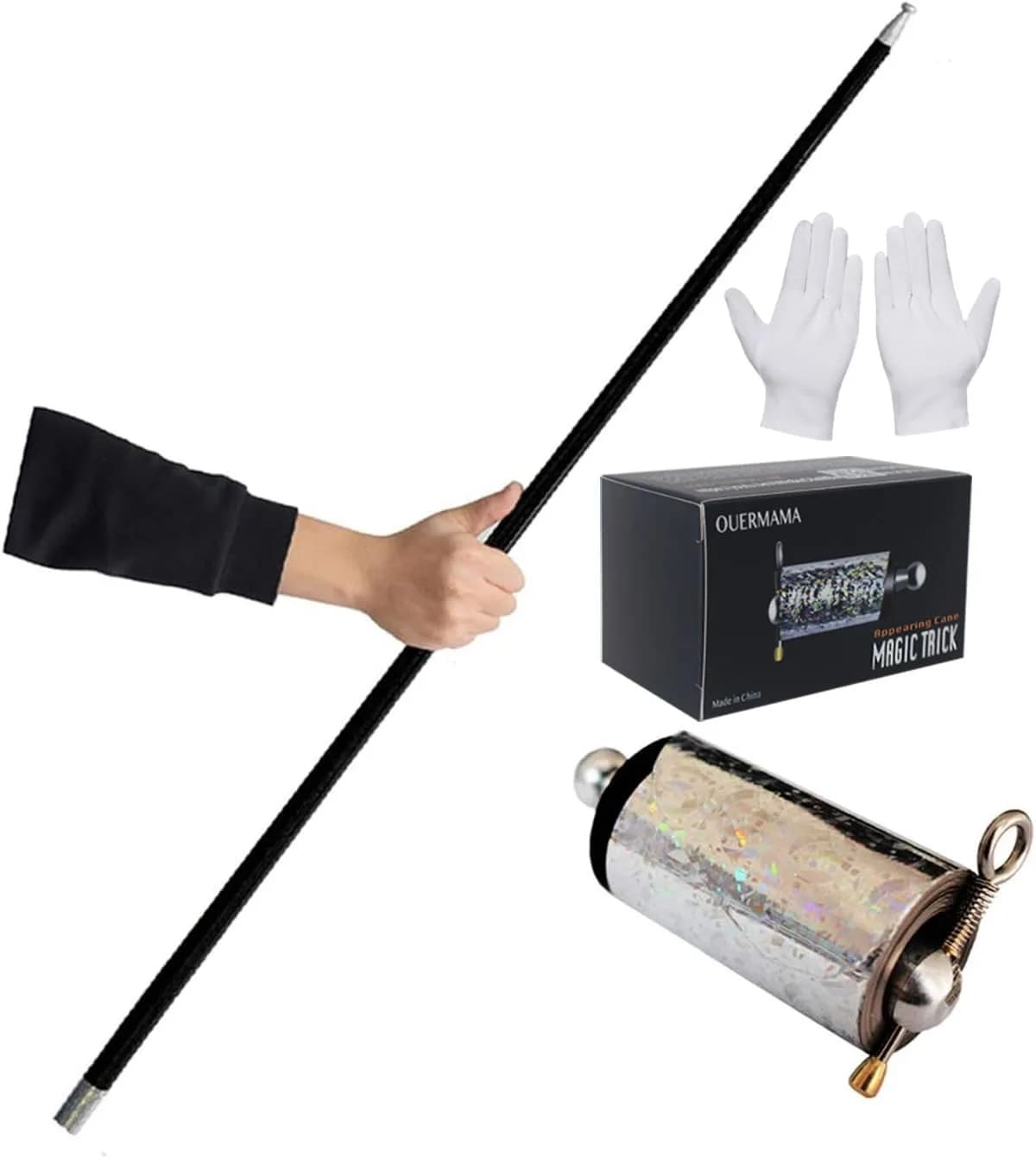OUERMAMA Black Metal Appearing Cane 1.1 Meter (43.3 Inches) | Professional Stage Magic Trick with Tutorial
