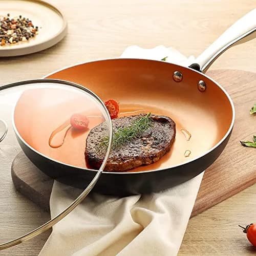 MICHELANGELO 8 Inch Nonstick Frying Pan with Lid | Copper Ceramic Titanium Coating, German Standard Quality thumbnail 6