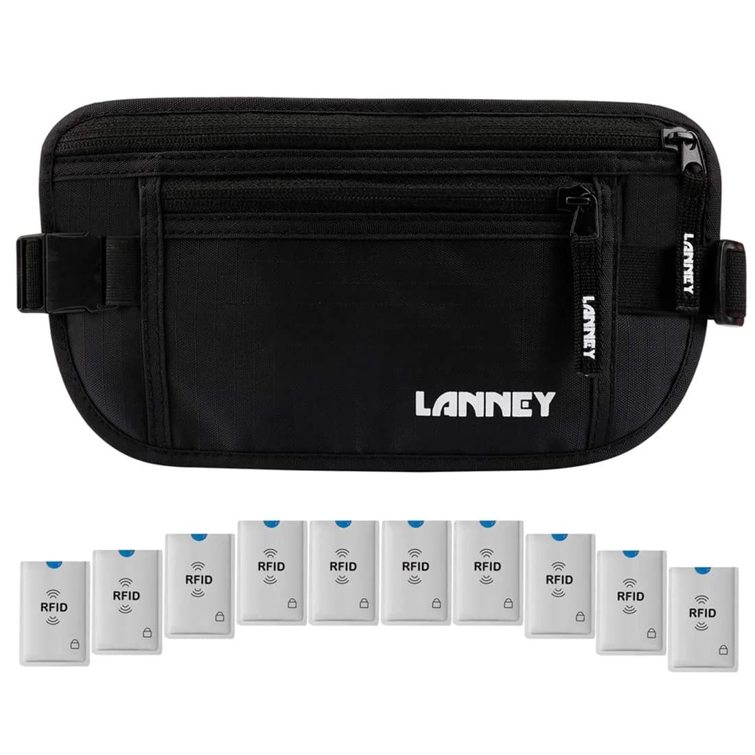LANNEY RFID Blocking Money Belt with 10 Bonus Card Sleeves | 10.2 inch (25.9 cm) Length, Silver Gray — Black