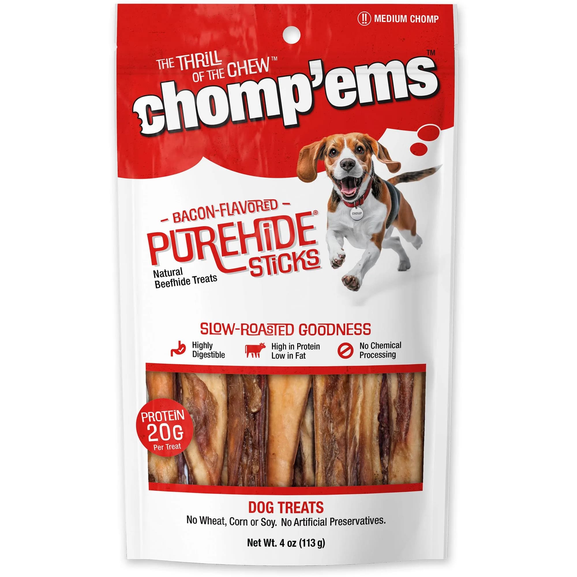 CHOMP 'EMS Purehide Bacon Flavored Sticks 8.5 oz | Long-Lasting, Protein-Rich Dog Chews — 4 Ounce / Purehide Sticks